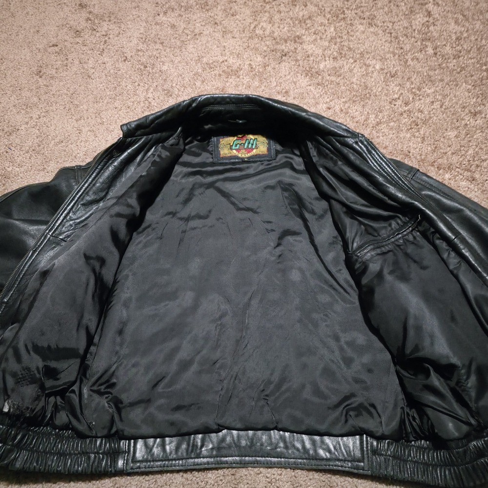 Global Identity G-III Black Leather Moto Mens Large Bomber Jacket Biker Coat - Picture 6 of 12